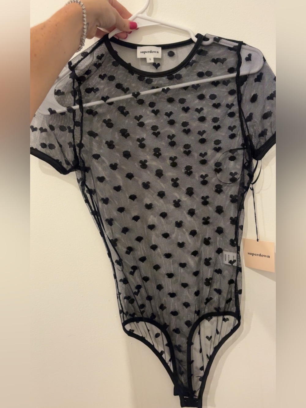 superdown Black Heart-Pattern Sheer Mesh Bodysuit